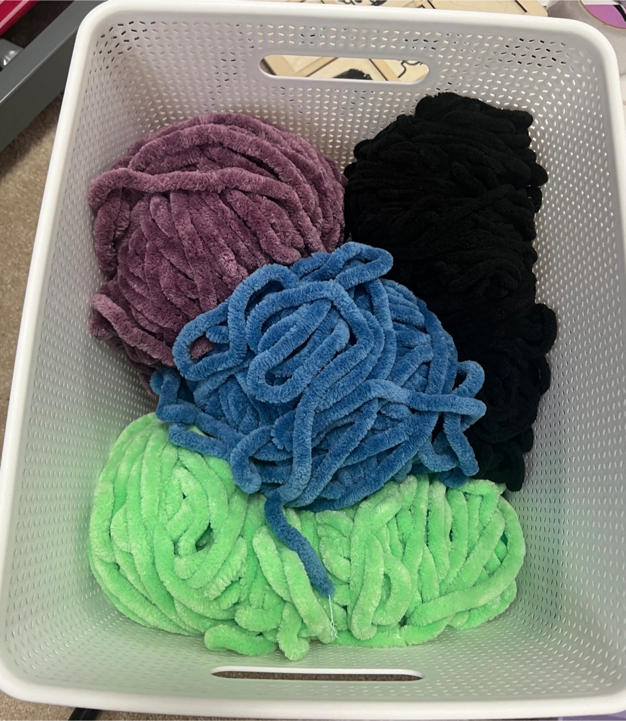 4 Skeins Chenille Yarn - Purple, Black, Blue, Green