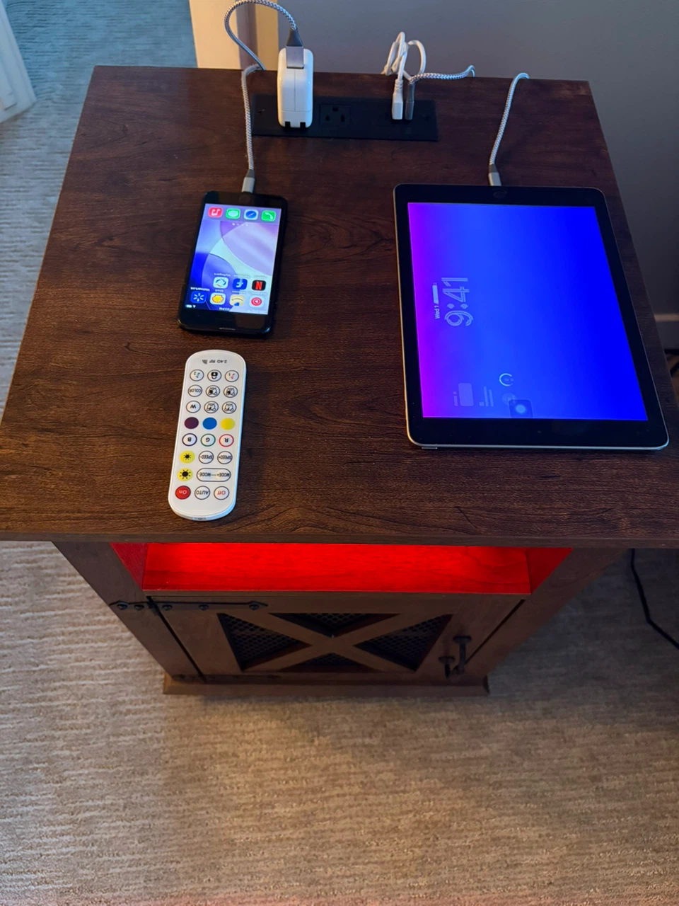 TOVIA Rustic Brown End Table with LED Lighting