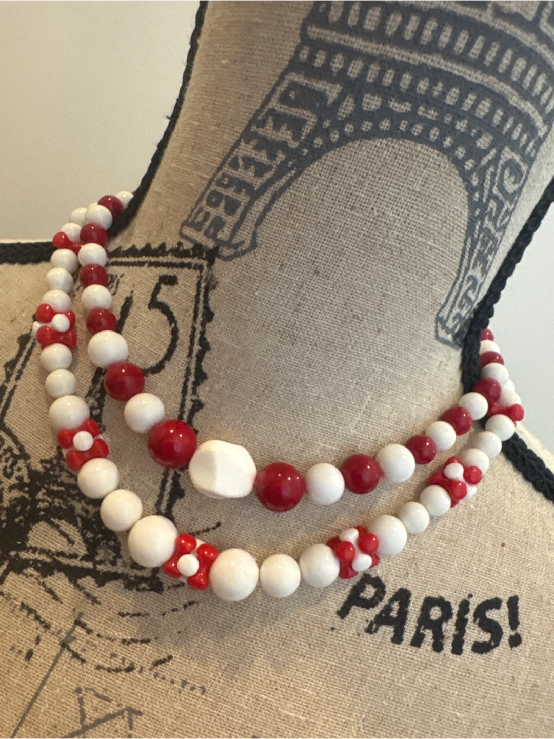 Double Strand MCM VINTAGE  Red and White Beaded Necklace