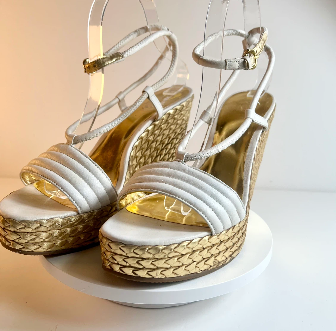 Coach White & Gold Wedge Sandals