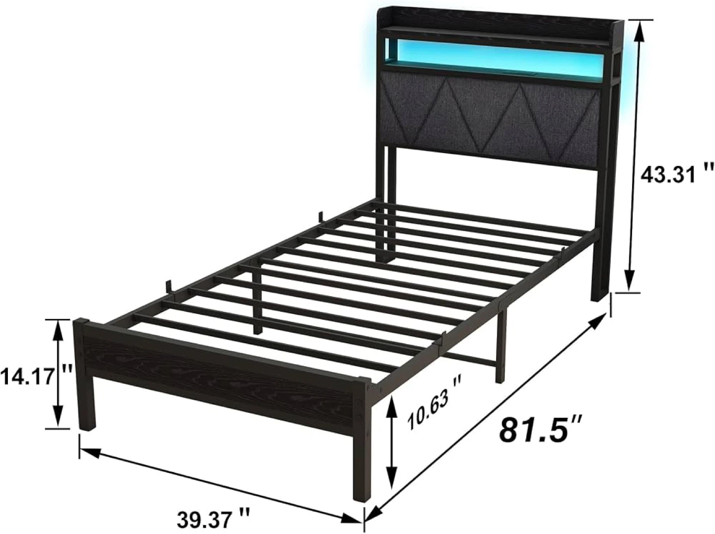 Twin Size Bed Frame with LED Lights Storage & USB Charging - photo 4