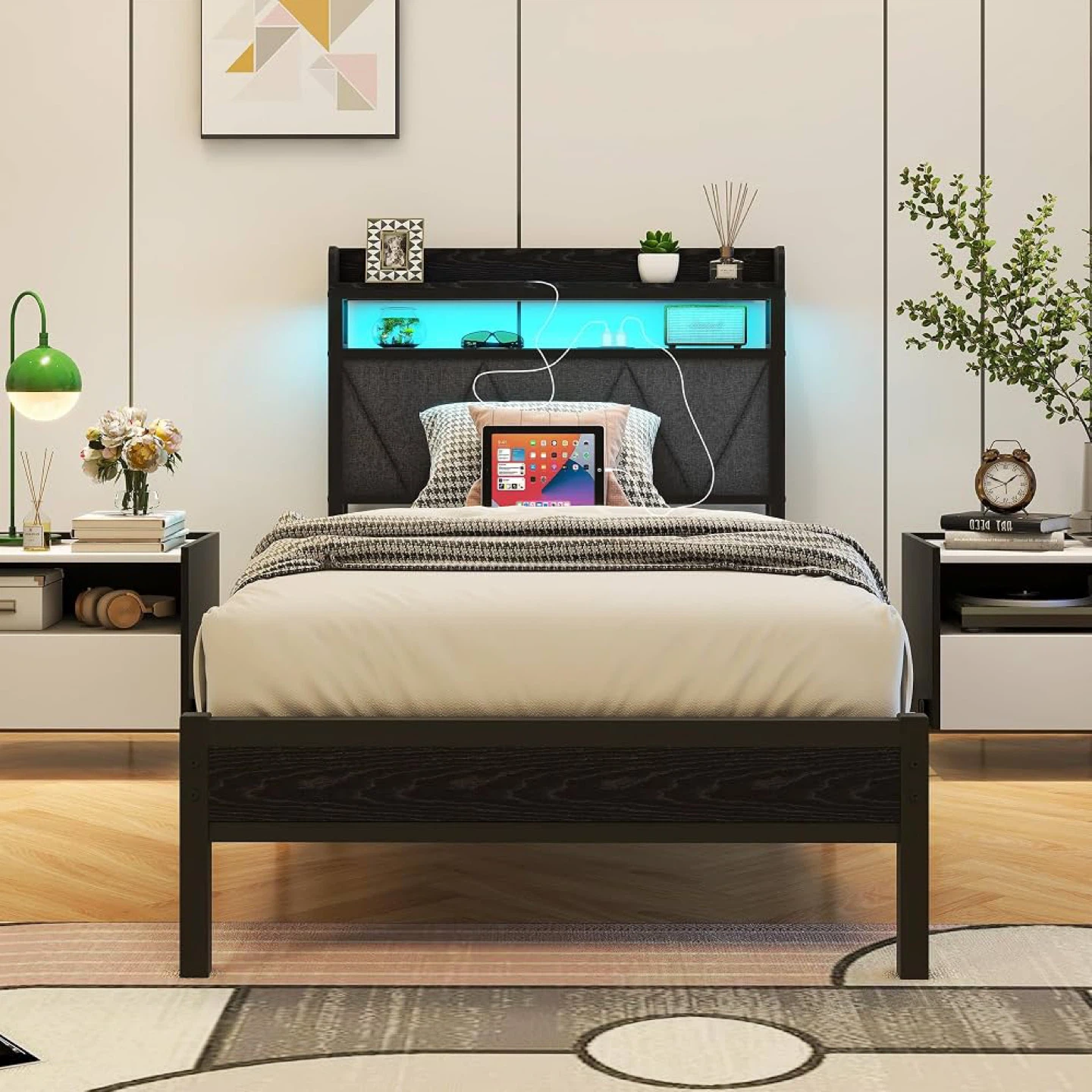 Twin Size Bed Frame with LED Lights Storage & USB Charging - photo 3