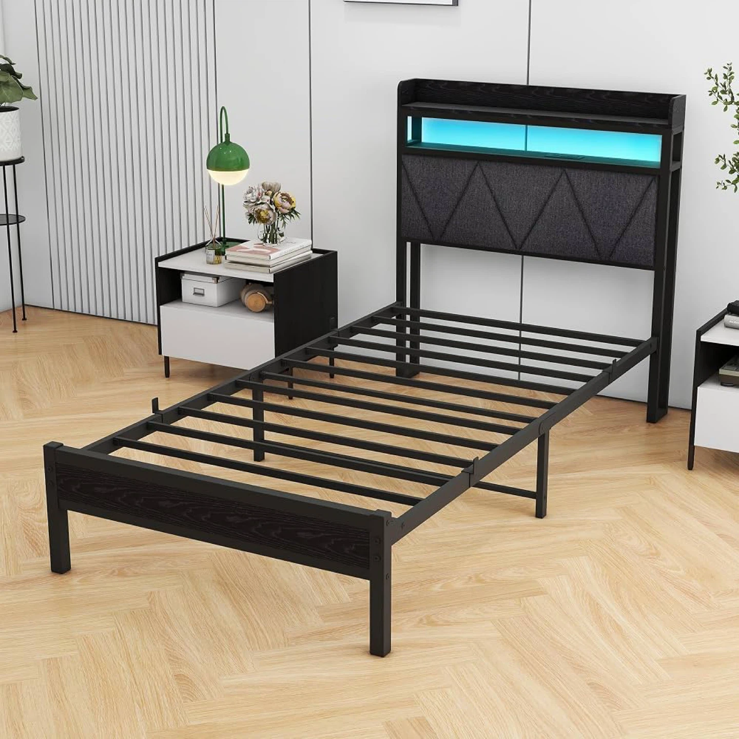 Twin Size Bed Frame with LED Lights Storage & USB Charging - photo 5