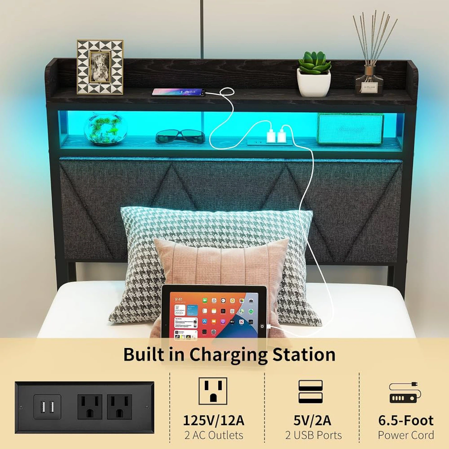 Twin Size Bed Frame with LED Lights Storage & USB Charging - photo 2