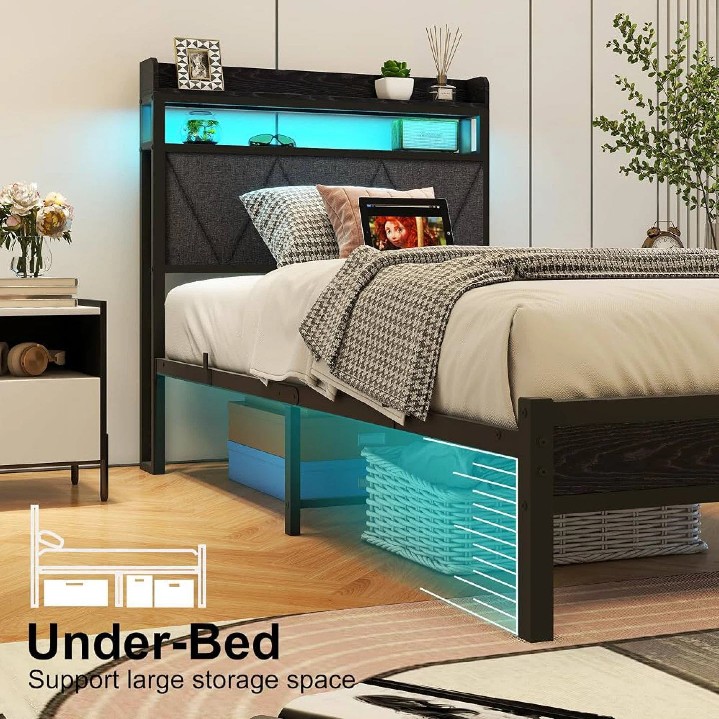 Twin Size Bed Frame with LED Lights Storage & USB Charging
