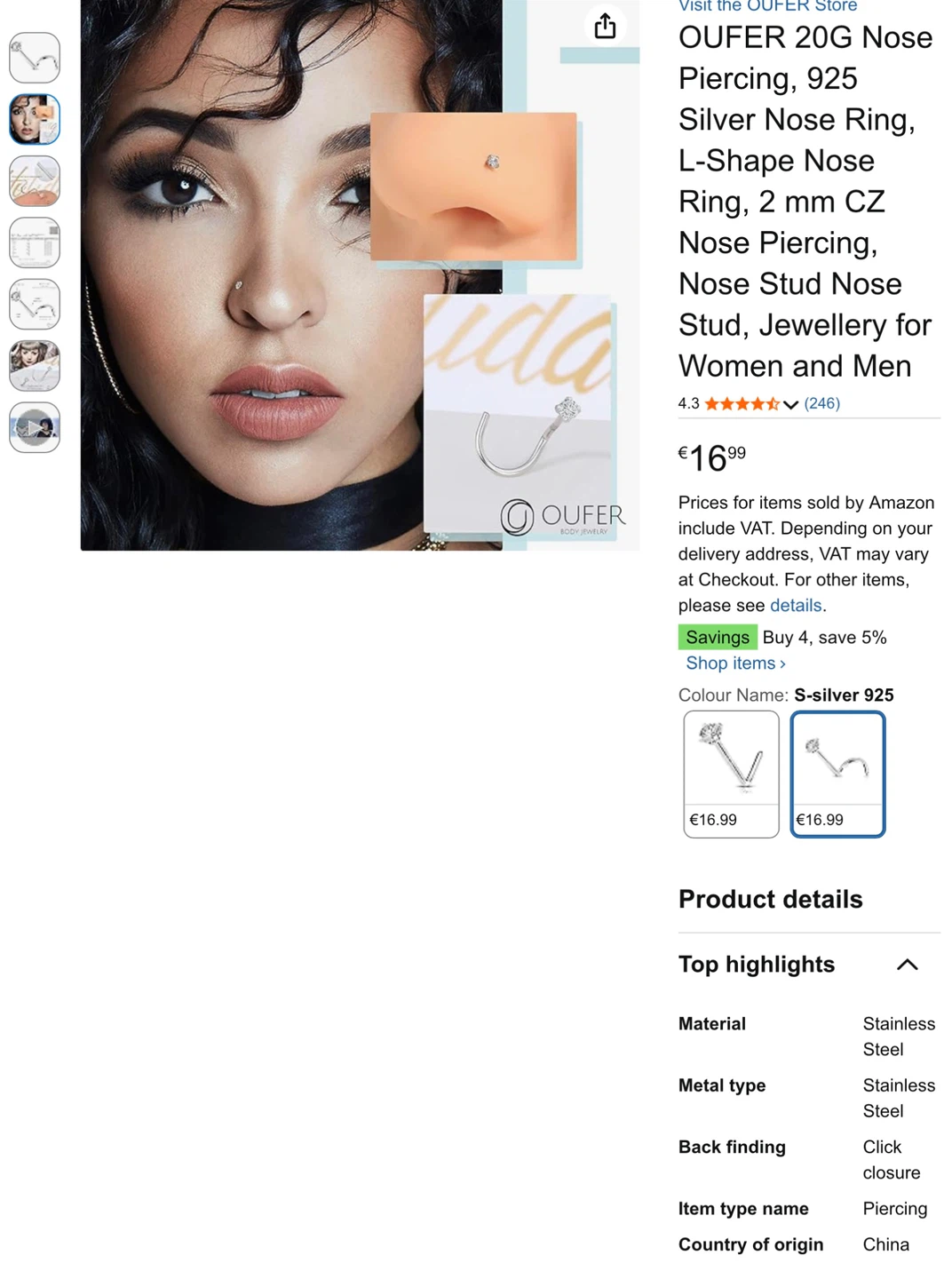 New 925 Sterling Silver S shape Nose Stud - photo 5
