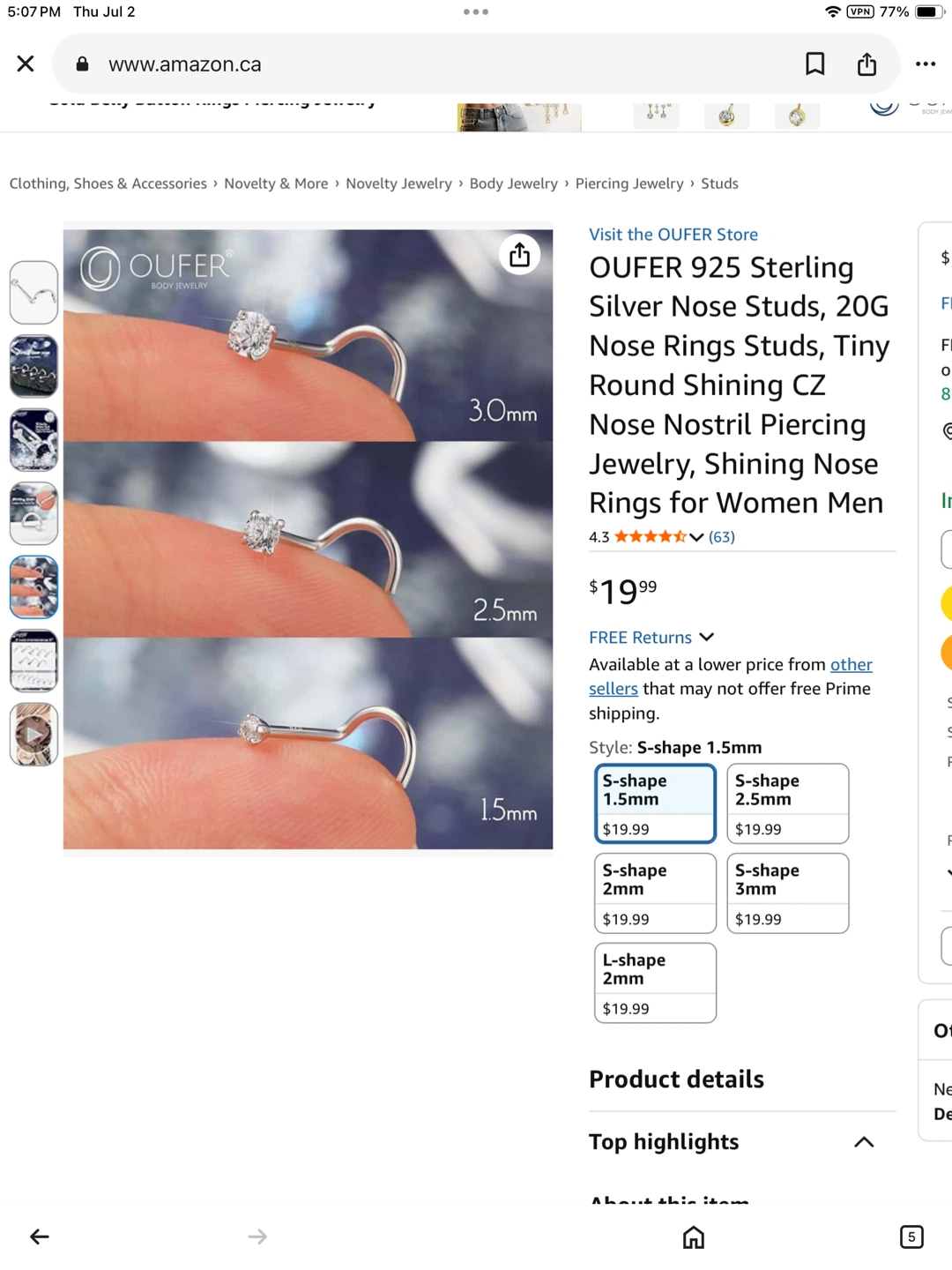 New 925 Sterling Silver S shape Nose Stud - photo 2