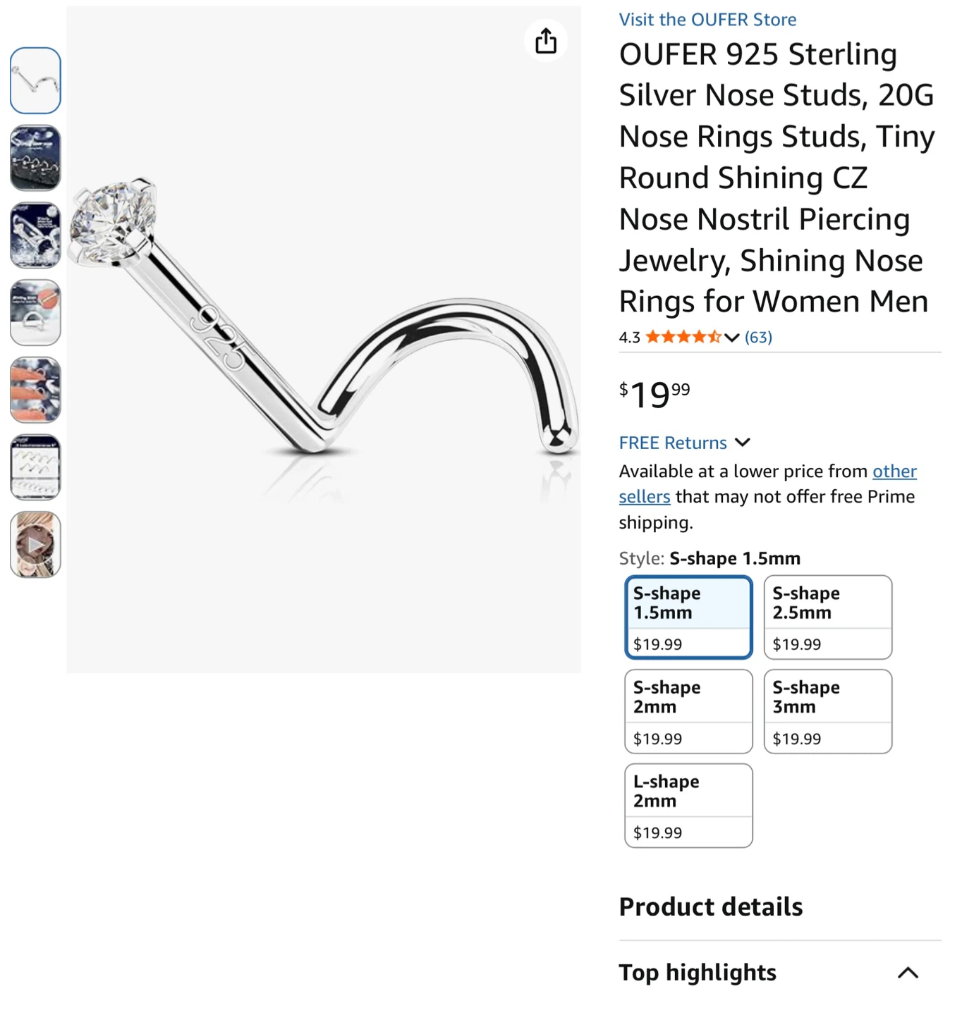 New 925 Sterling Silver S shape Nose Stud - photo 3