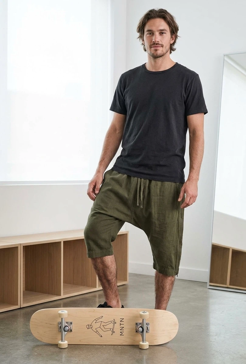 Mens Olive Green Cropped Drop Crotch Pants