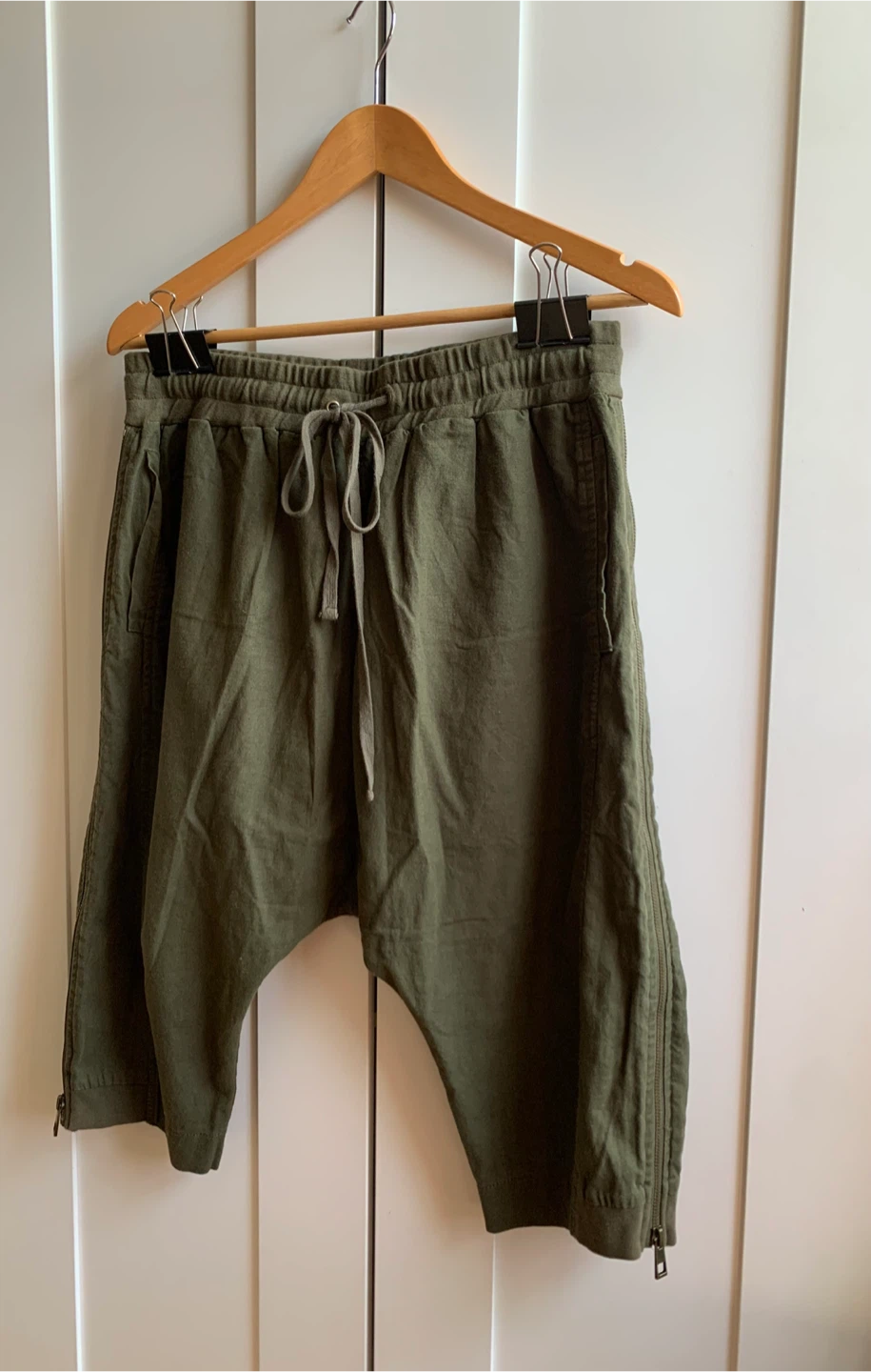 Mens Olive Green Cropped Drop Crotch Pants - photo 2