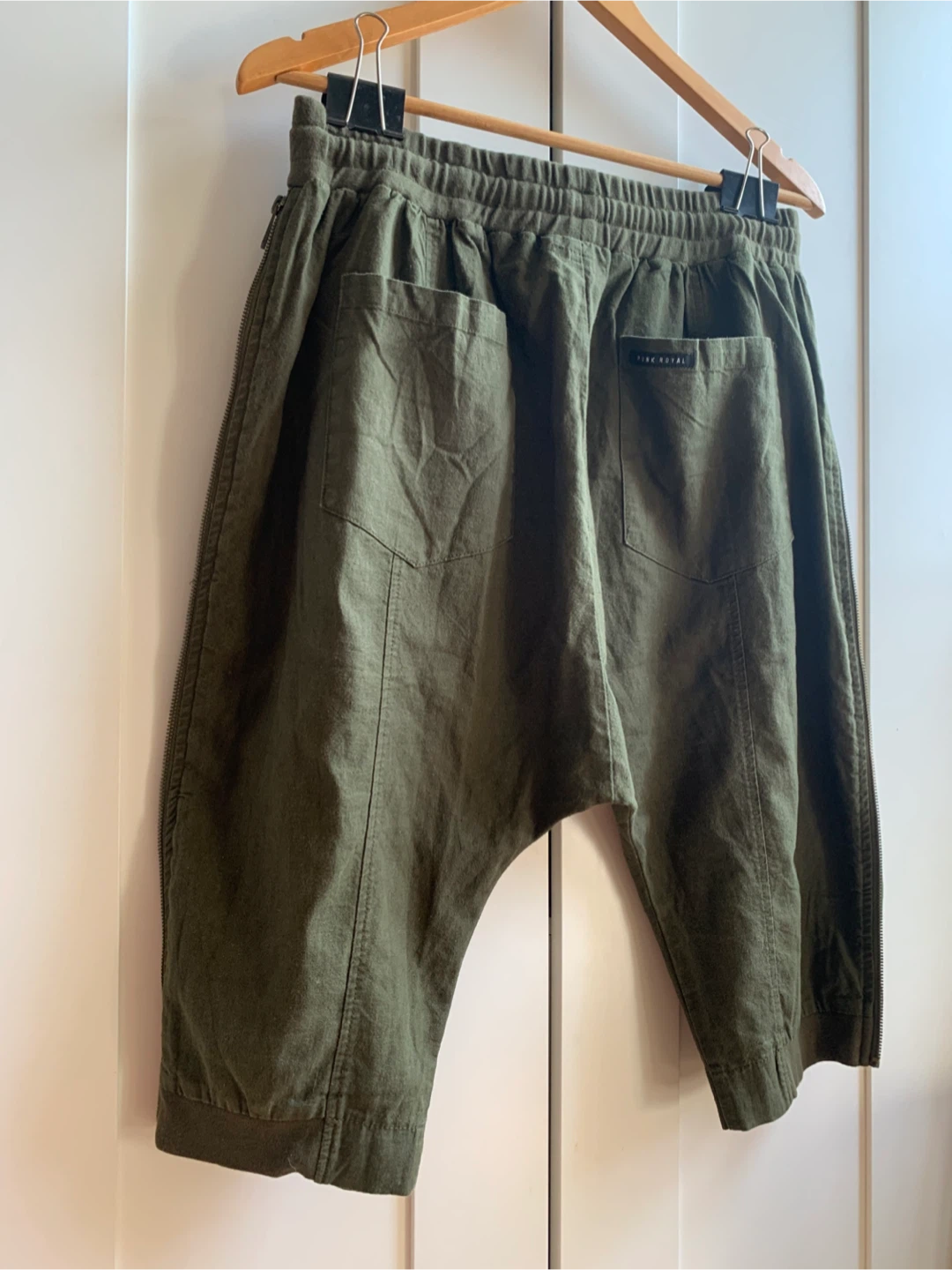 Mens Olive Green Cropped Drop Crotch Pants - photo 3