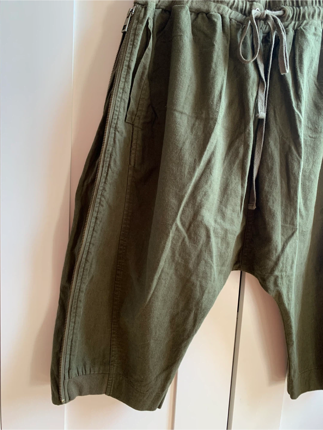 Mens Olive Green Cropped Drop Crotch Pants - photo 4
