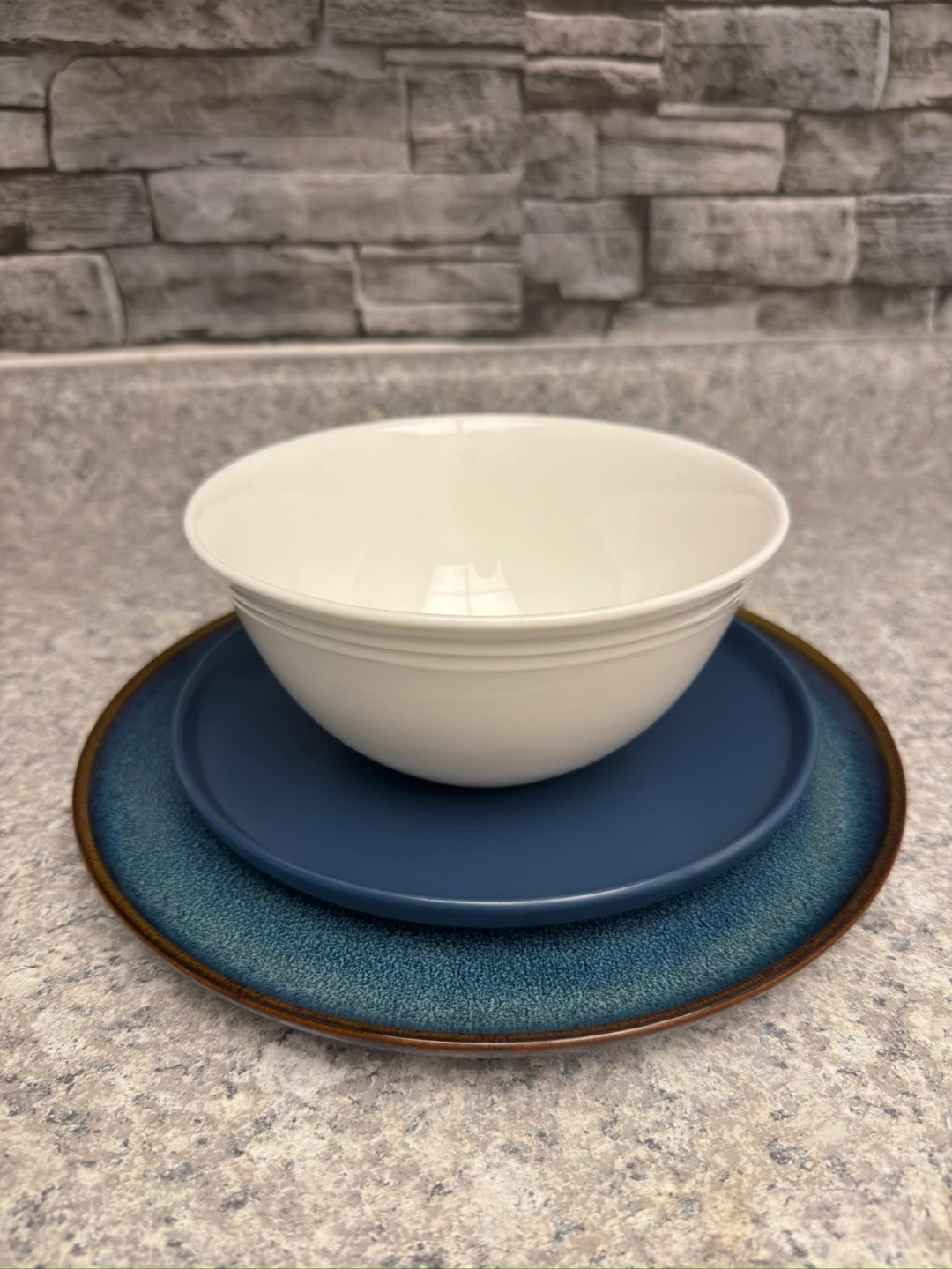 White Ceramic Serving Bowl and blue plates