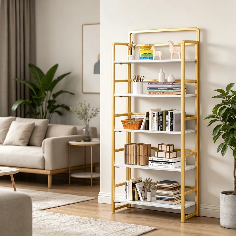 Folding bookcase, 5-tier retro storage shelves