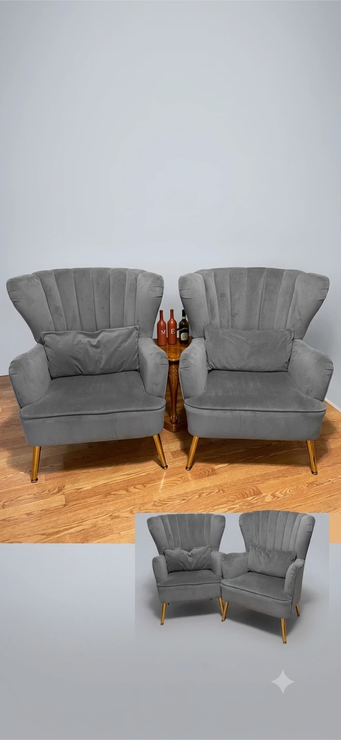 Set of 2 Gray Velvet Accent Chairs with Gold Legs