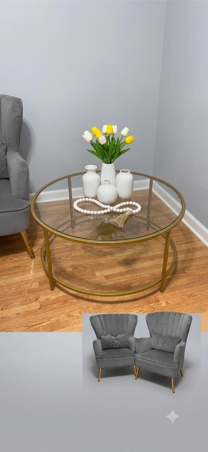 Round Glass Coffee Table with Gold Frame