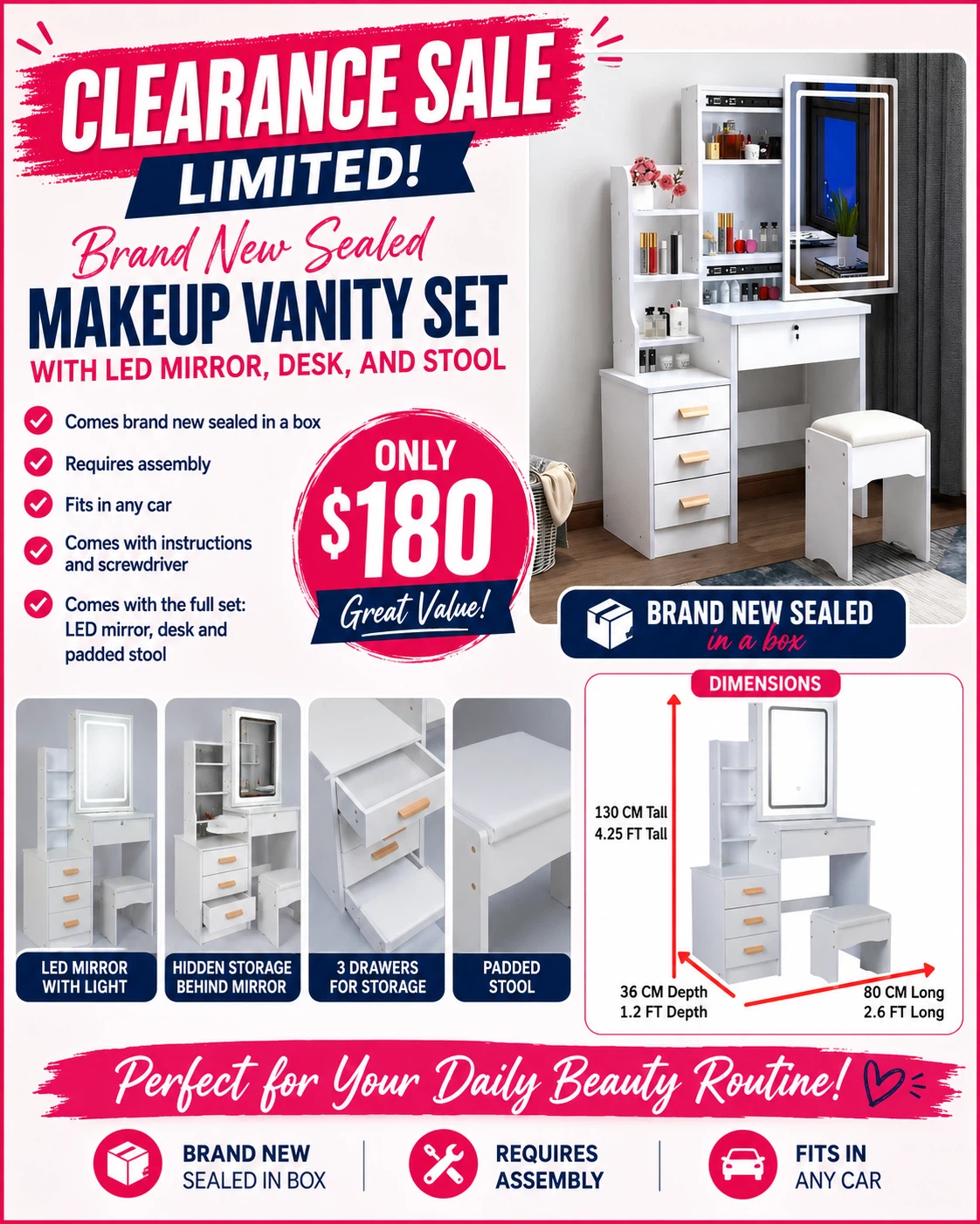 Brand New Vanity Set with LED Mirror, Desk, and Stool