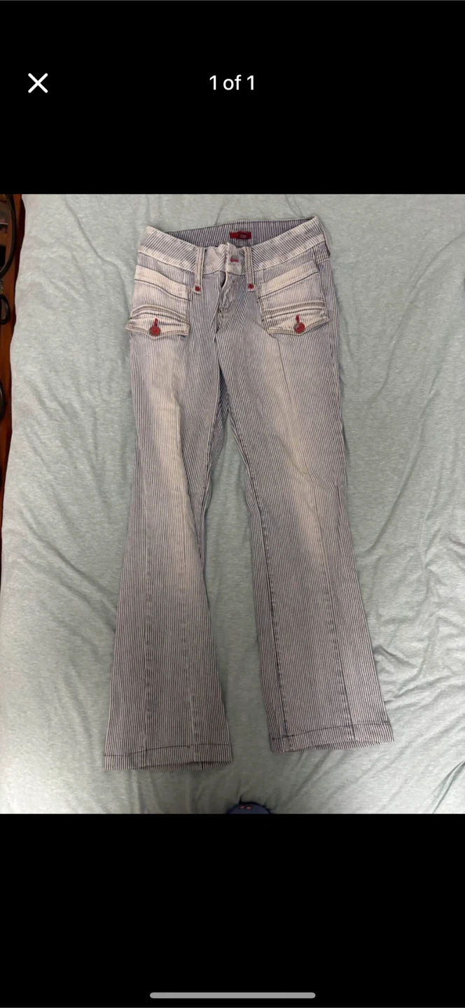 Blue and white pinstripe flare jeans (size s women’s)