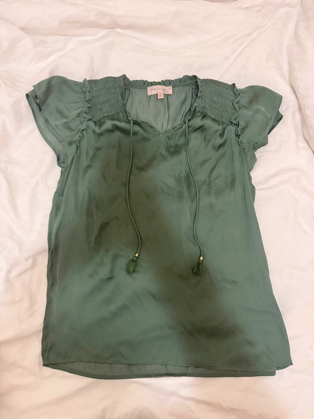 Philosophy Women's Green Tassel Tie Neck Blouse