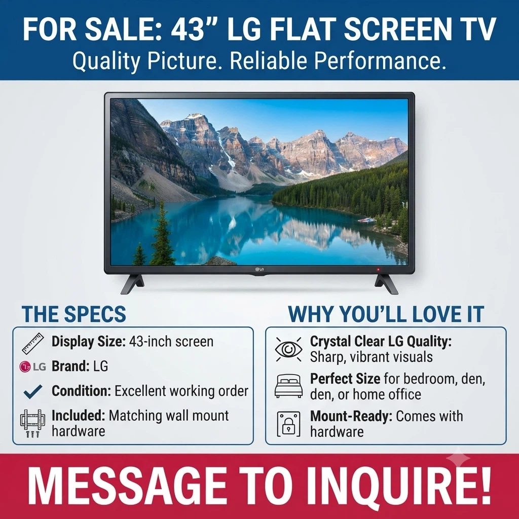 43" LG Flat Screen TV  (Wall Mount Included)