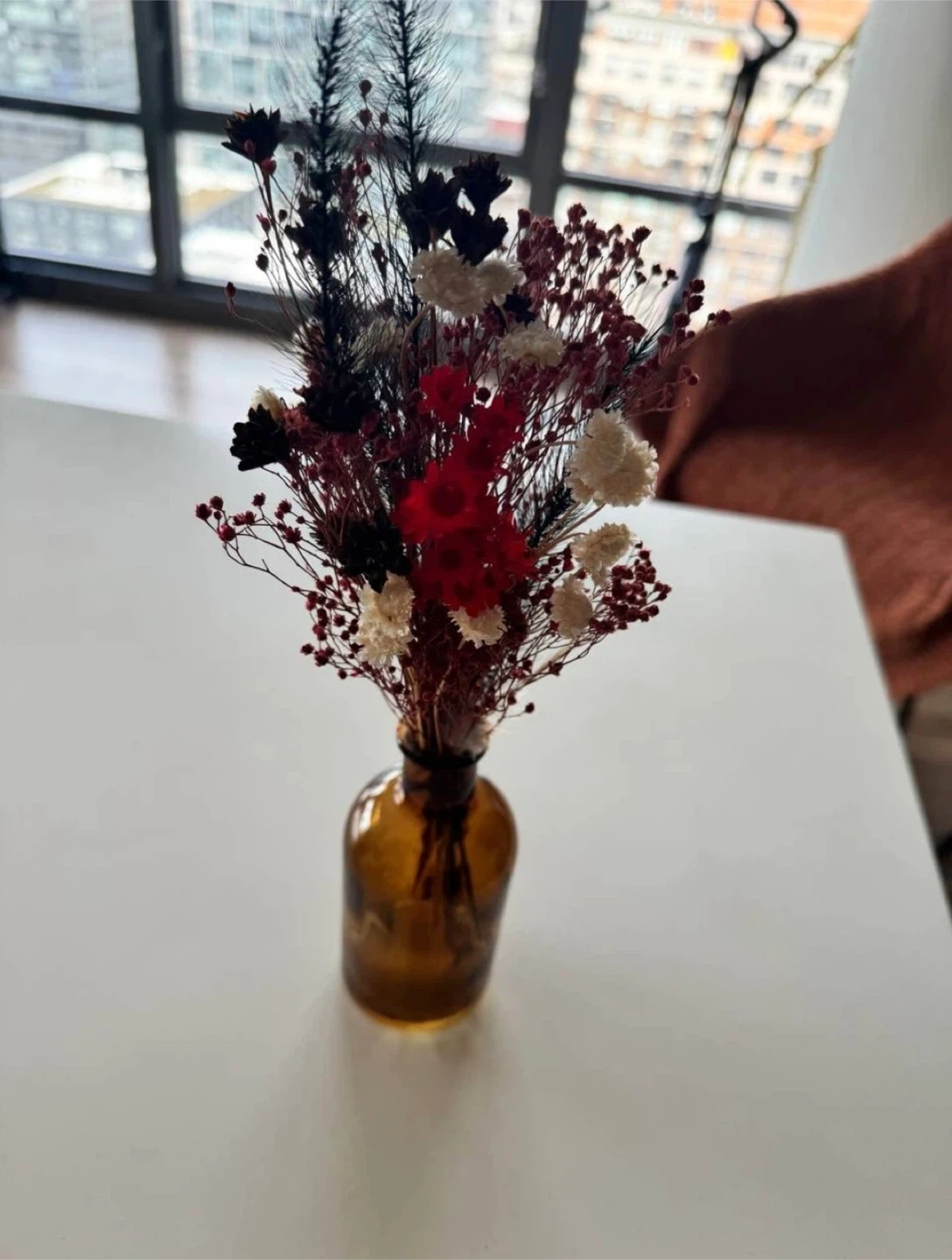 Dried Flower Arrangement in Amber Glass Vase