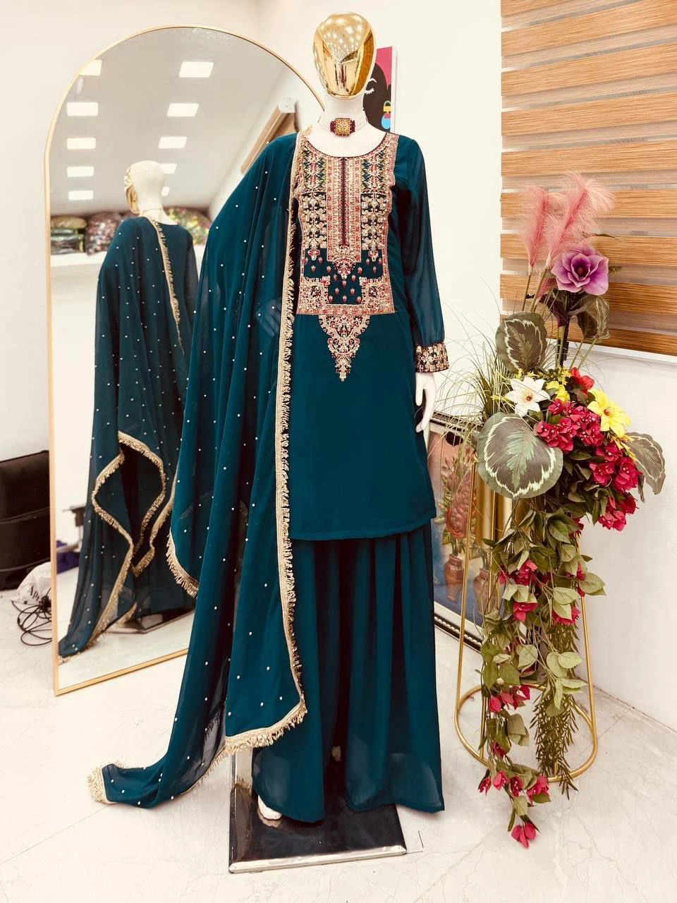 Teal Embellished Kameez Shalwar with Dupatta