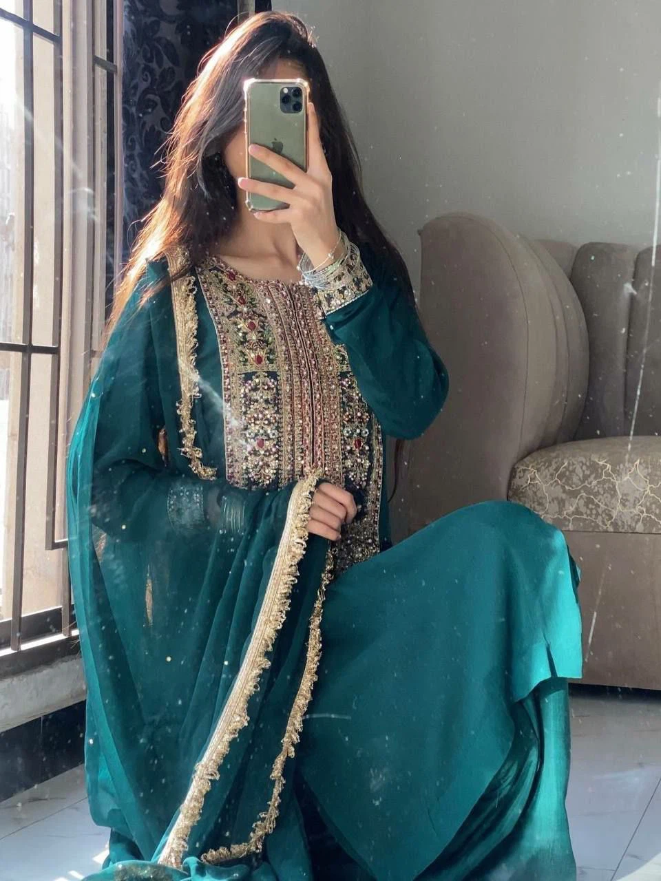 Teal Embellished Kameez Shalwar with Dupatta - photo 2