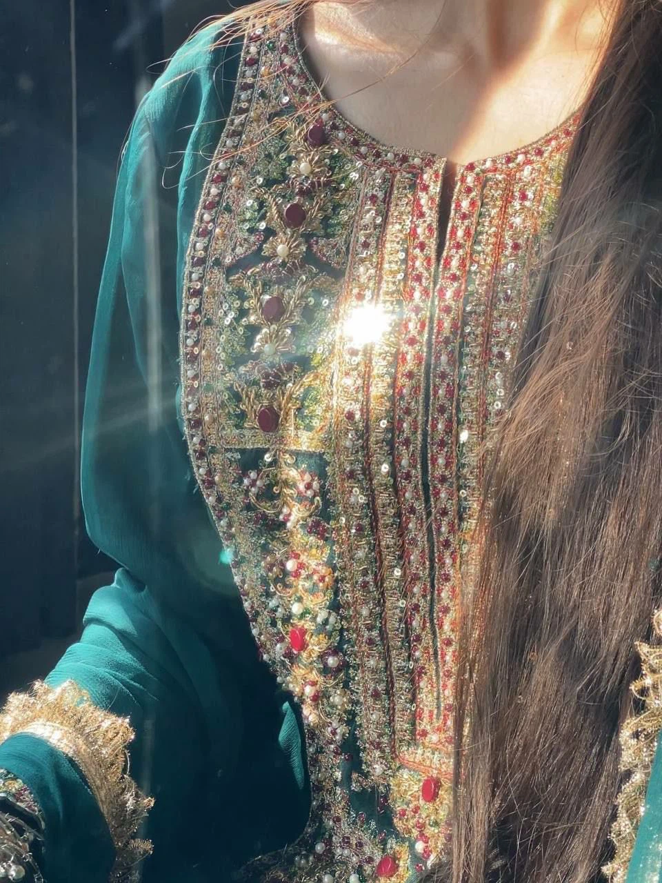 Teal Embellished Kameez Shalwar with Dupatta - photo 3
