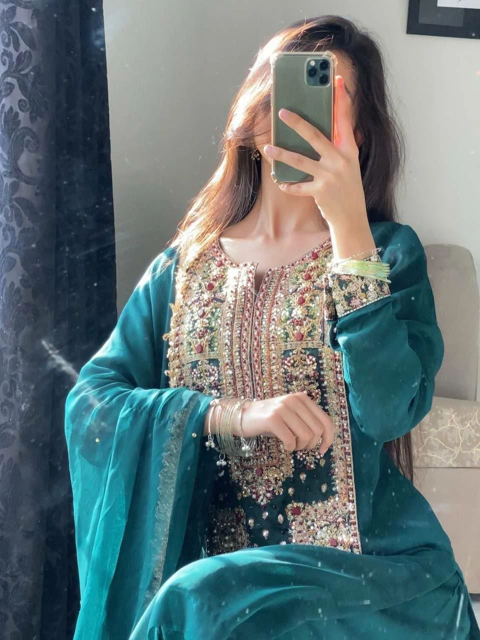 Teal Embellished Kameez Shalwar with Dupatta - photo 4