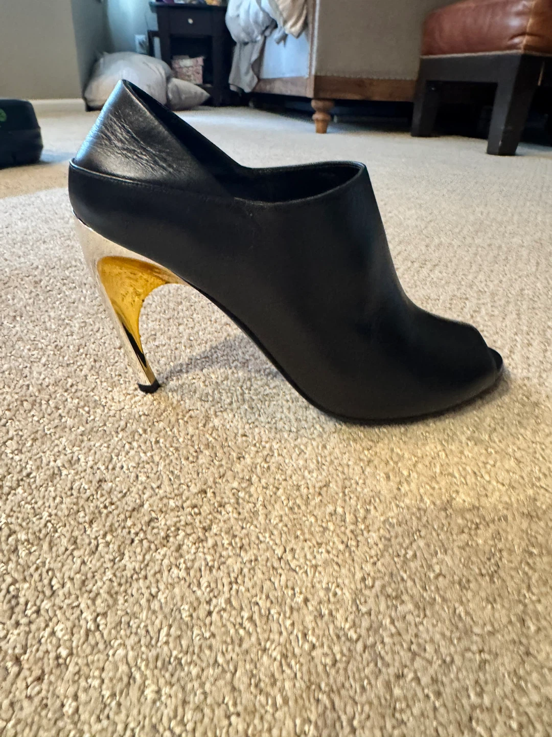 Alexander McQueen Black Peep-Toe Booties with Gold Heel