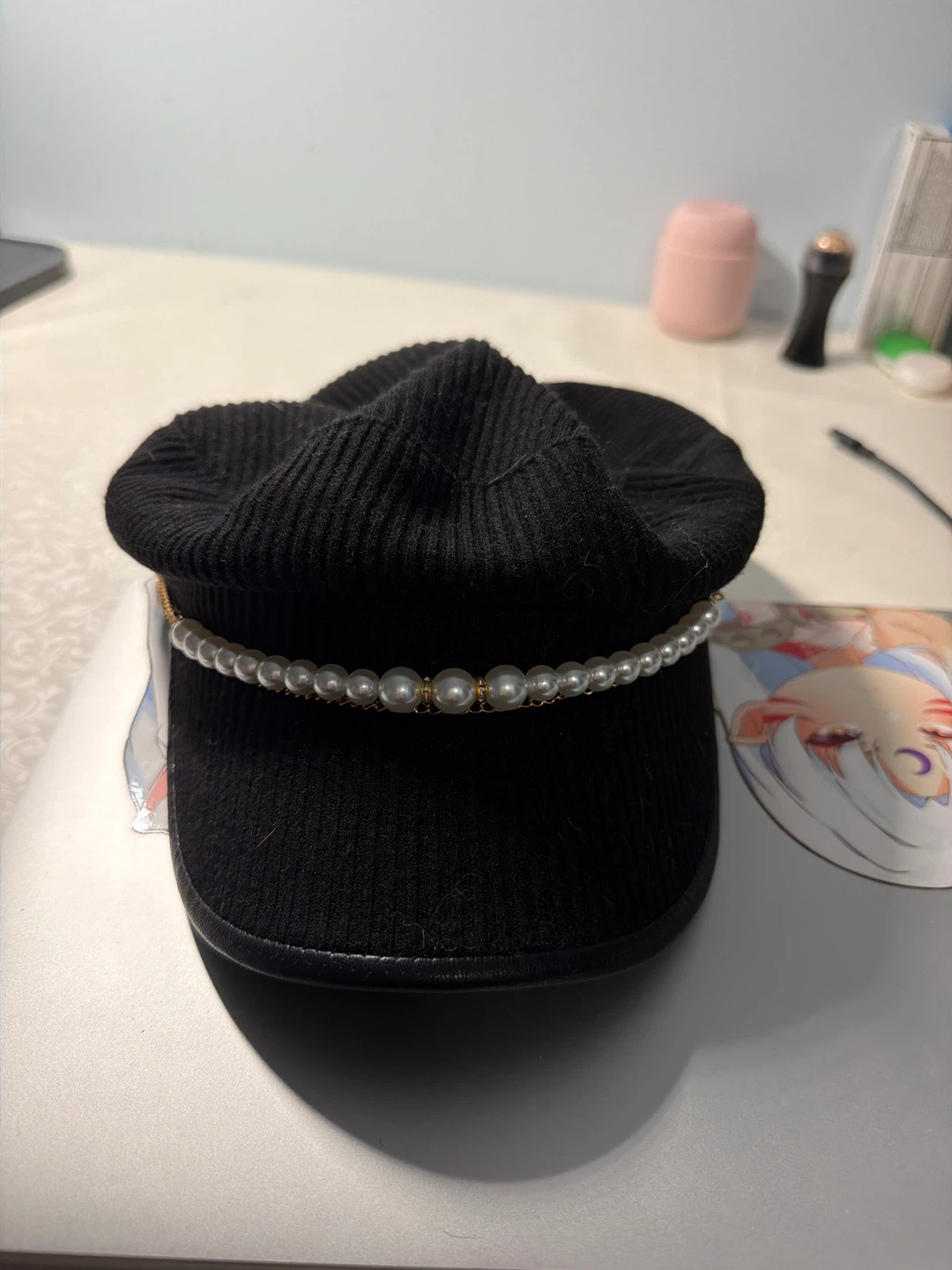 Black Newsboy Cap with Pearl Embellishment