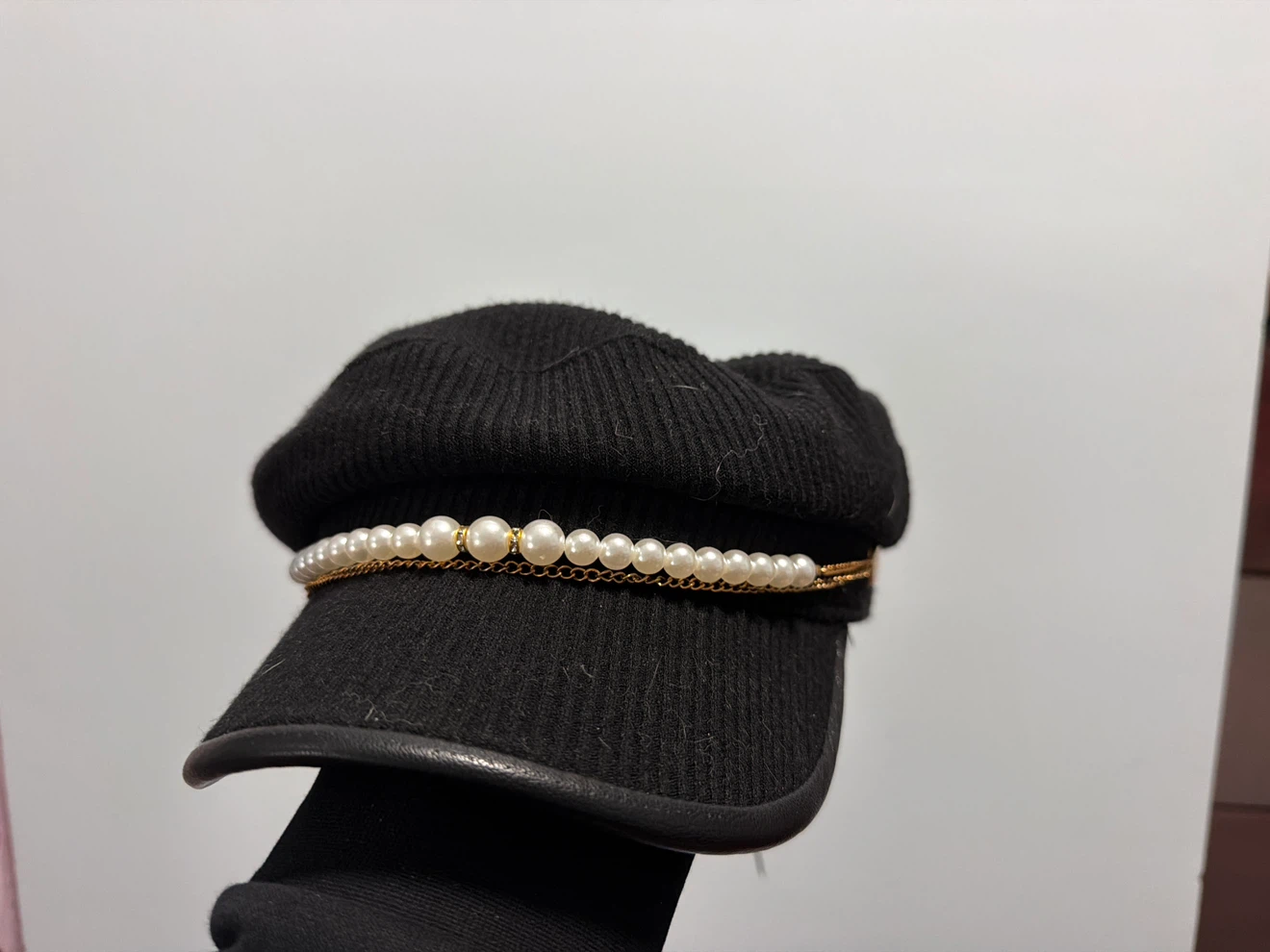 Black Newsboy Cap with Pearl Embellishment - photo 2