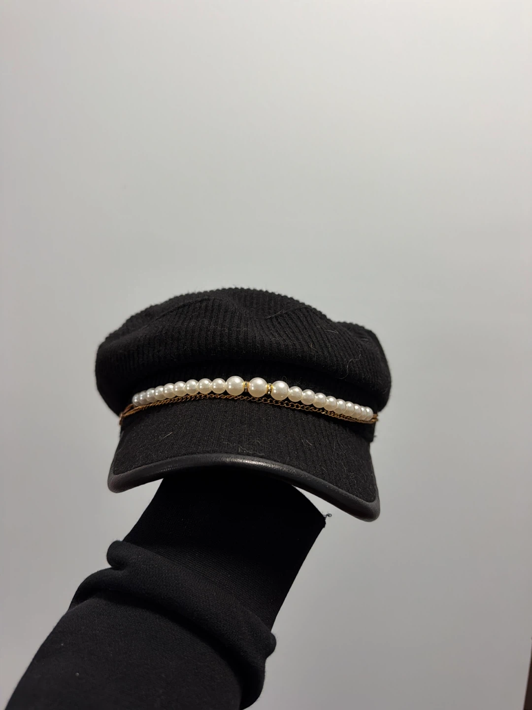Black Newsboy Cap with Pearl Embellishment - photo 3