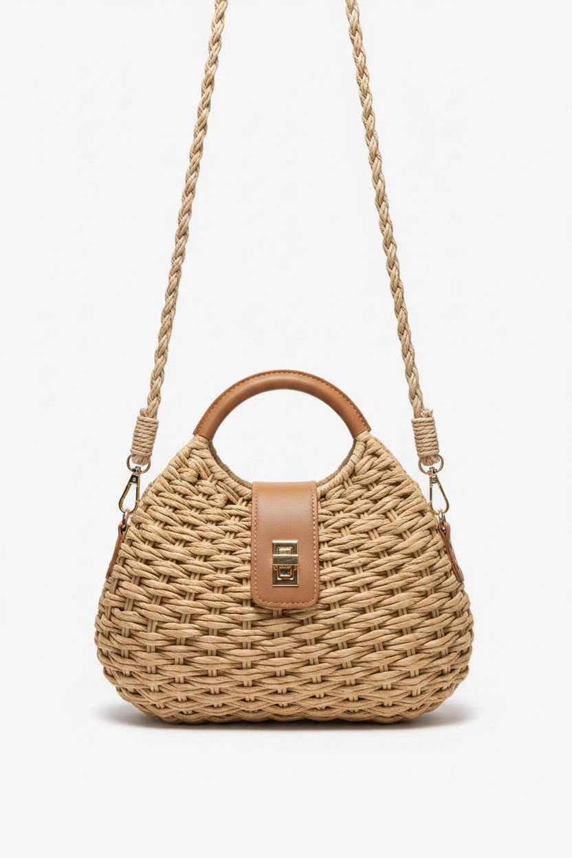 Woven Straw Bag with Leather Accents