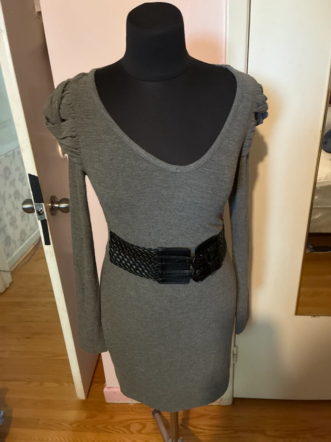 Grey Long Sleeve Dress with Belt