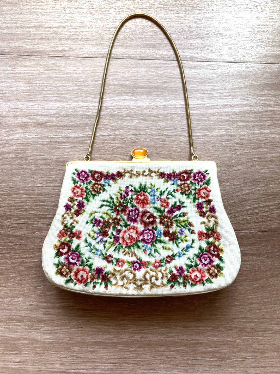 French Vintage Floral Needlepoint Clutch Purse