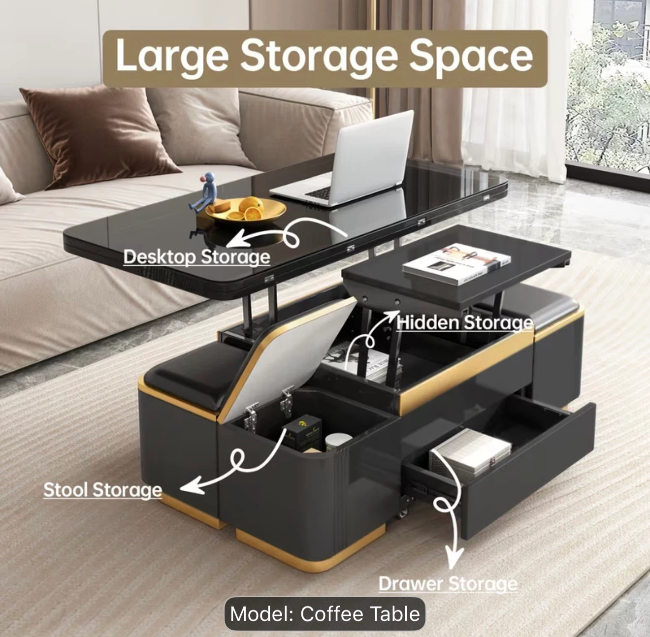 Coffee Table with Storage and Stools - photo 3