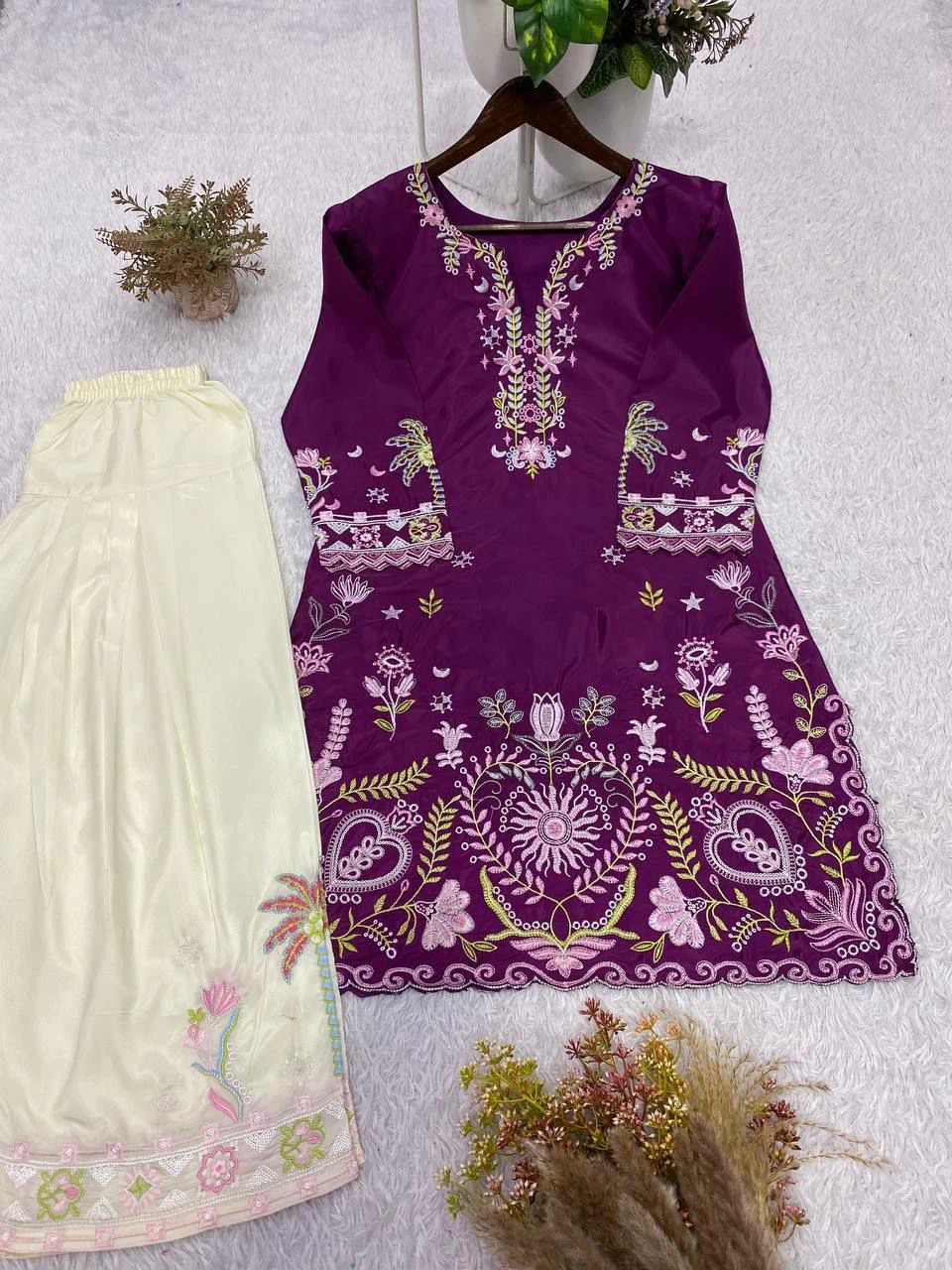 Purple Embroidered Kurti and Shalwar Set