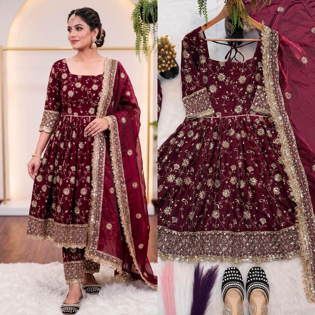 Maroon Embroidered Anarkali Suit Set with Dupatta