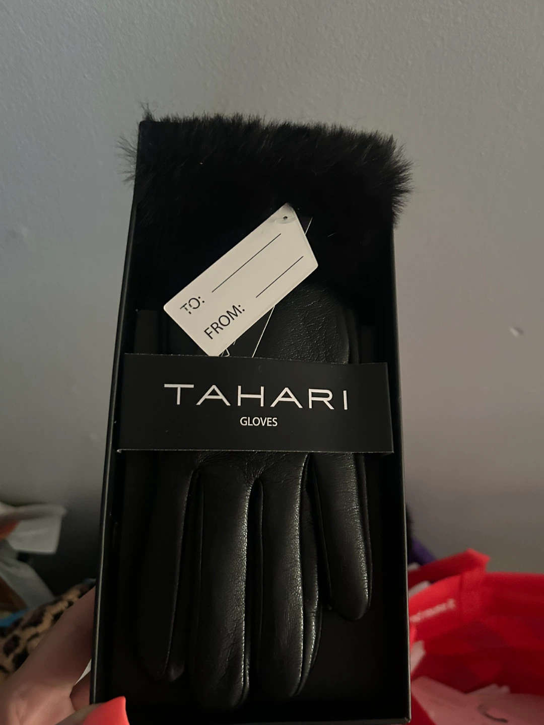 Tahari Black Gloves with Faux Fur Trim