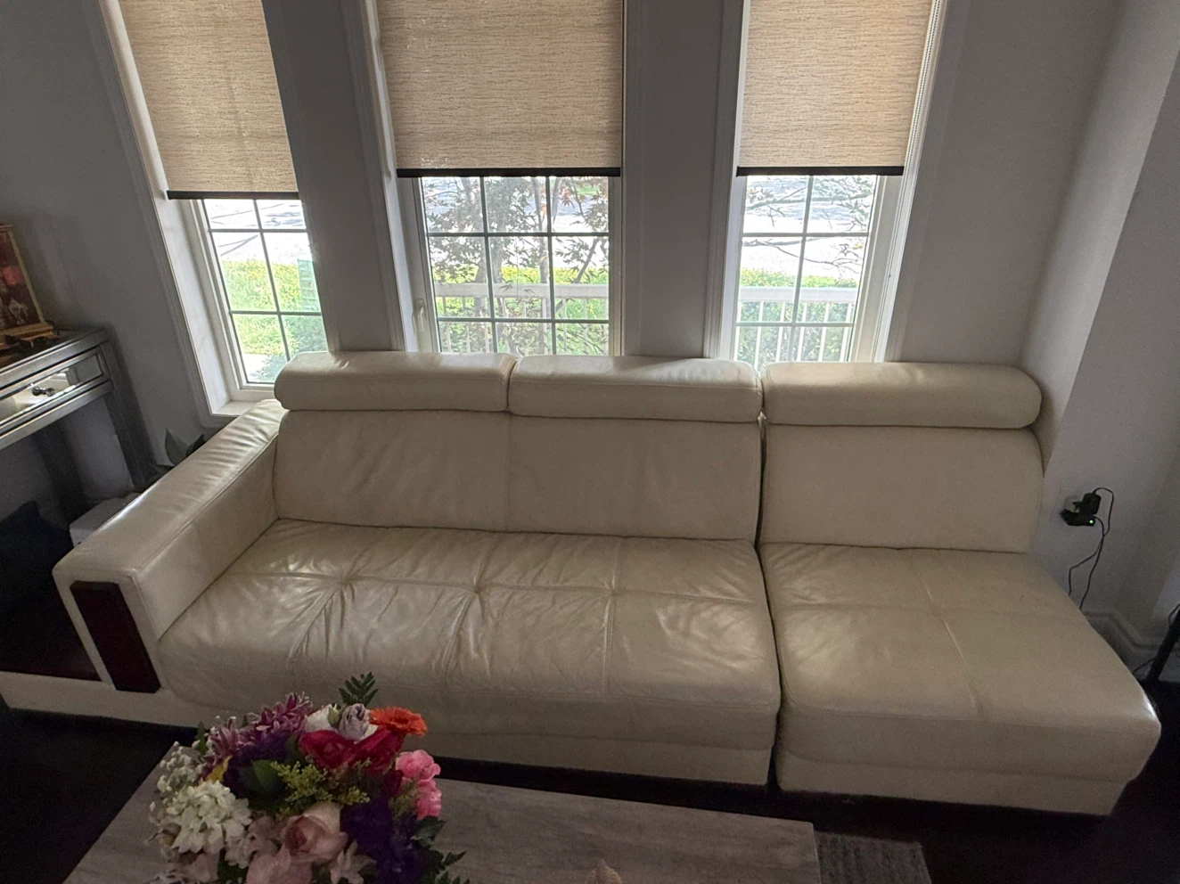 Cream Leather Sectional Sofa with Adjustable Headrests