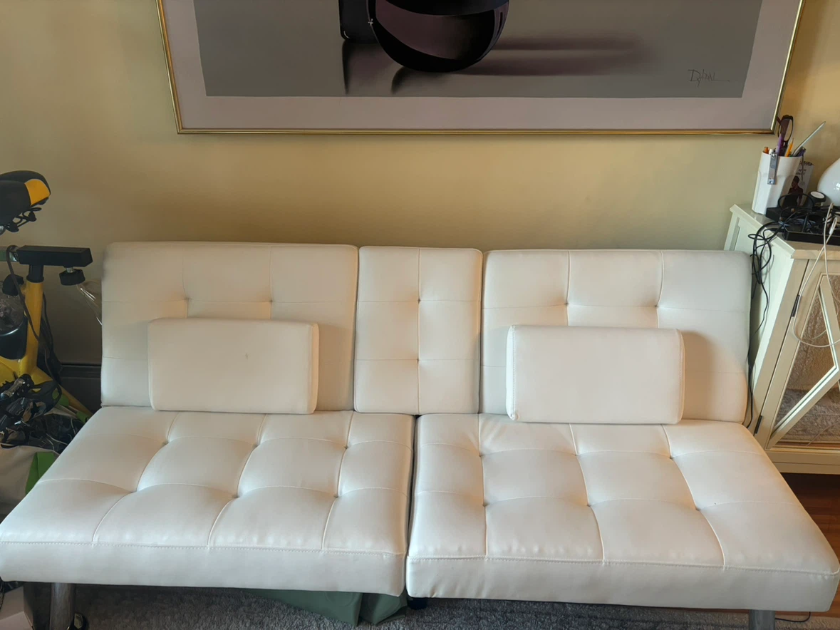 White Faux Leather Futon Sofa with Cup Holders