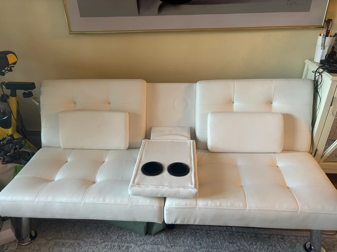White Faux Leather Futon Sofa with Cup Holders - photo 2