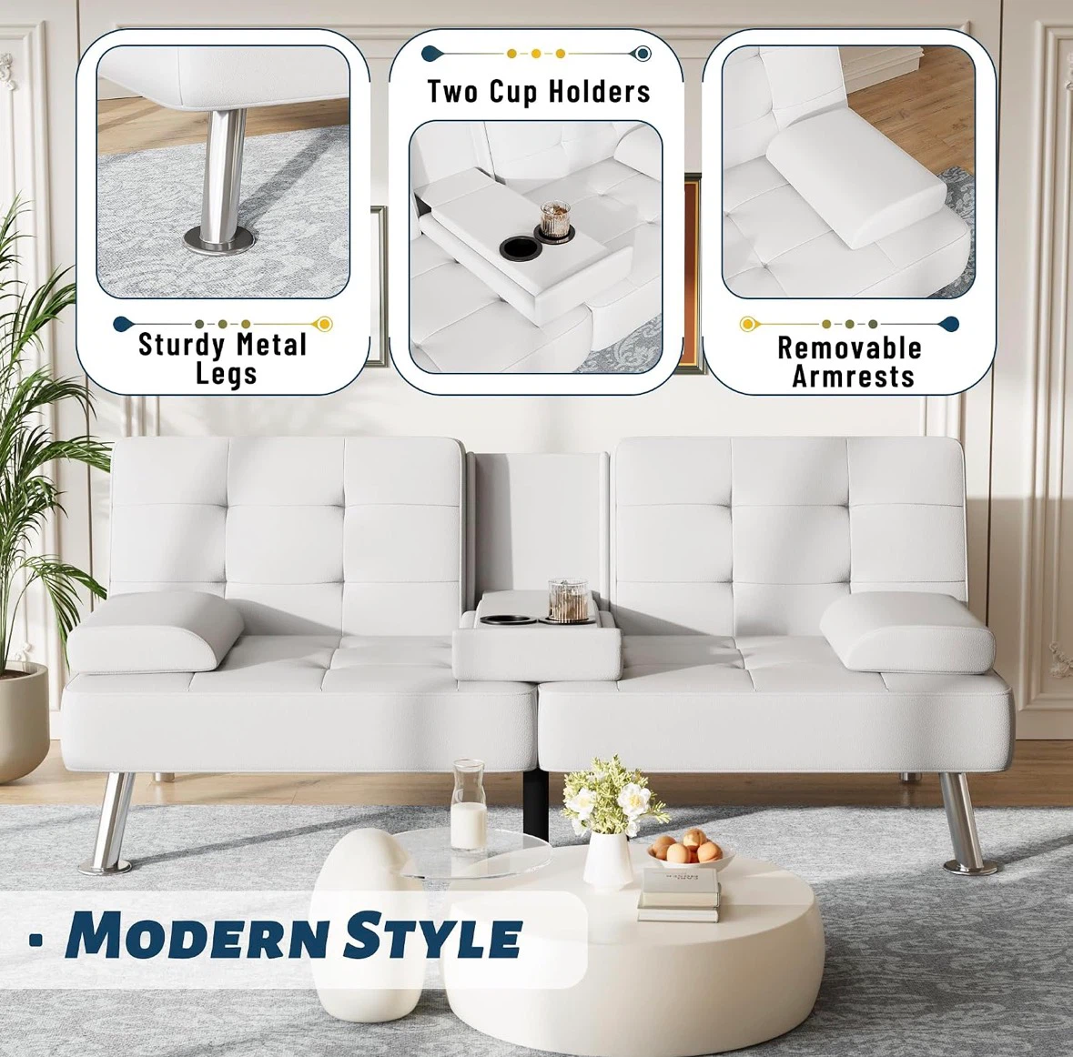 White Faux Leather Futon Sofa with Cup Holders - photo 4