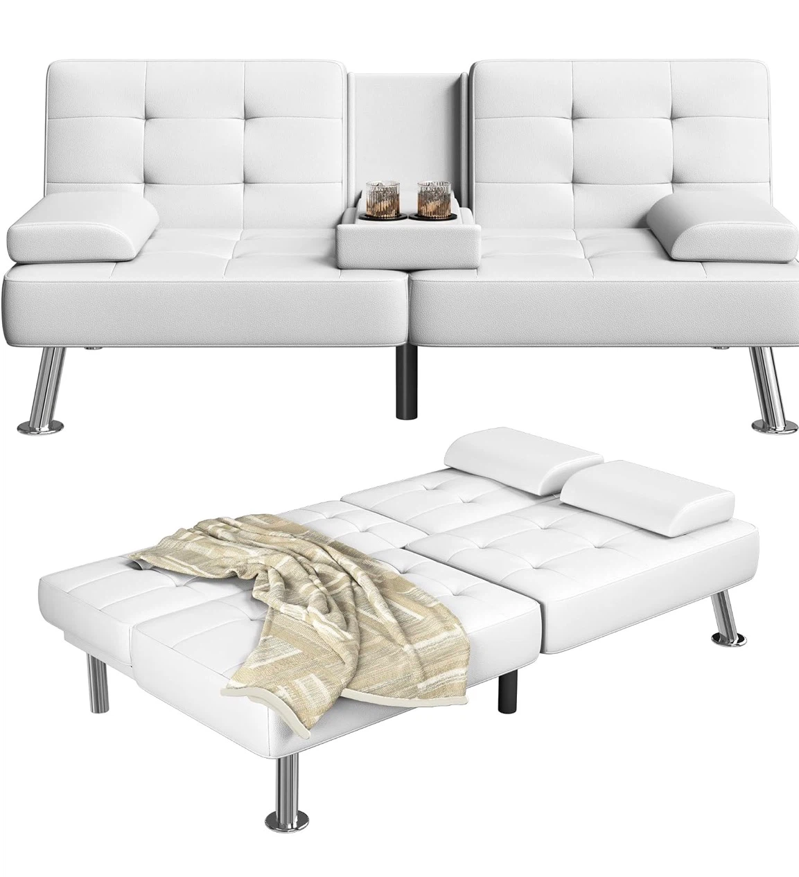 White Faux Leather Futon Sofa with Cup Holders - photo 5