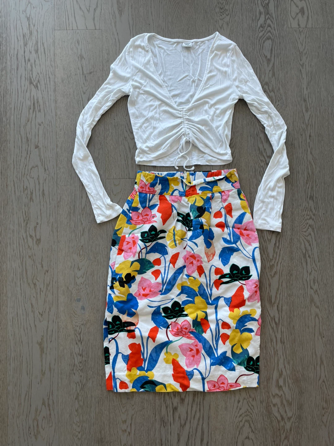 White Ruched Top and Floral Print Skirt - Size S