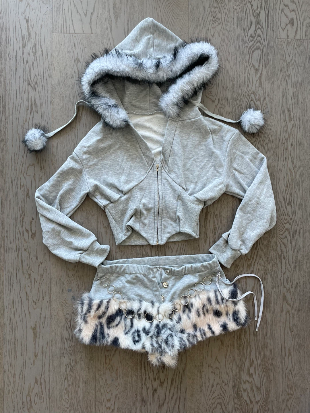 ROMWE Grey Faux Fur Trim Hooded Jacket & Shorts Set