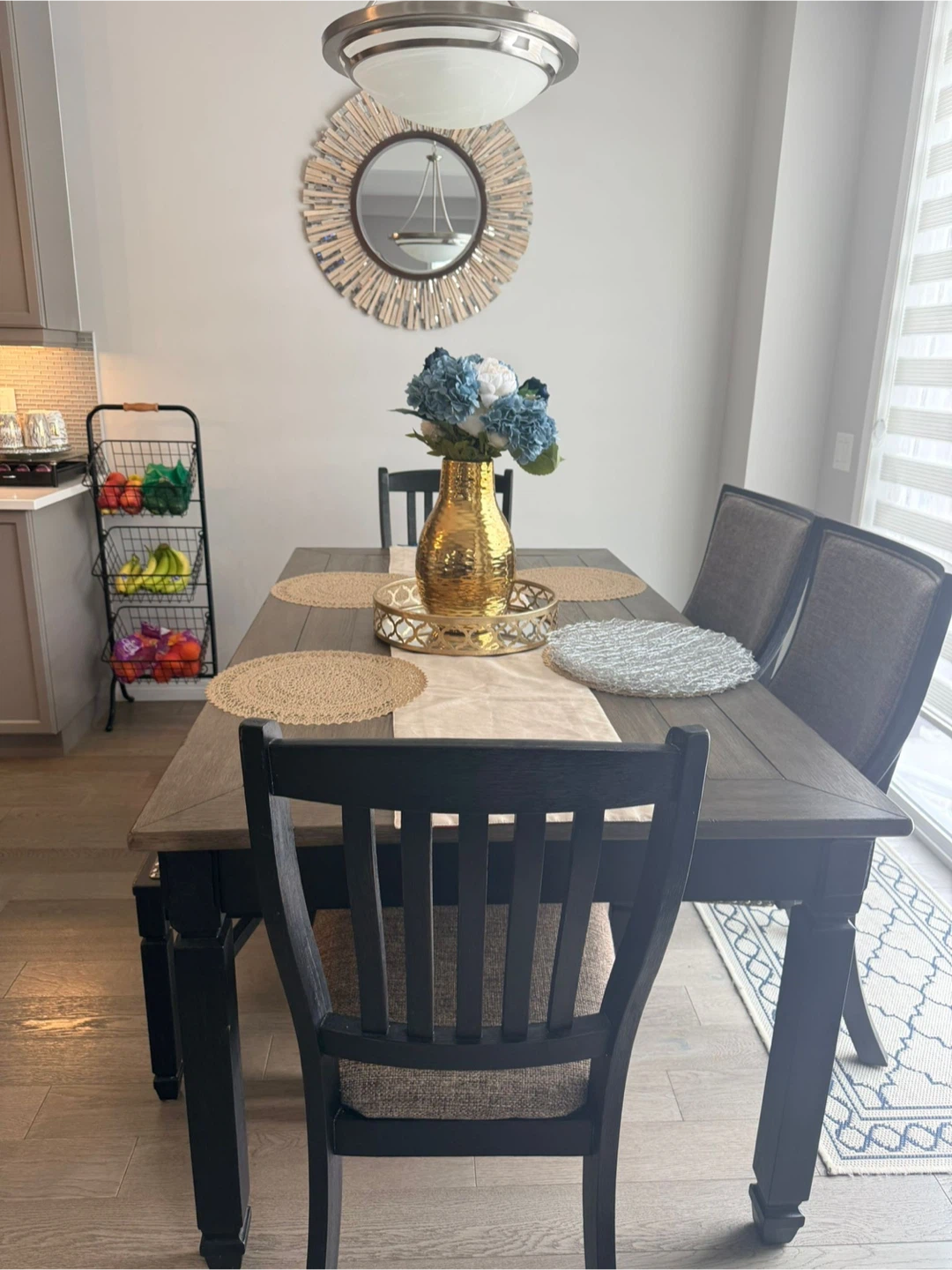 Dark Wood Dining Table with Bench and Chairs