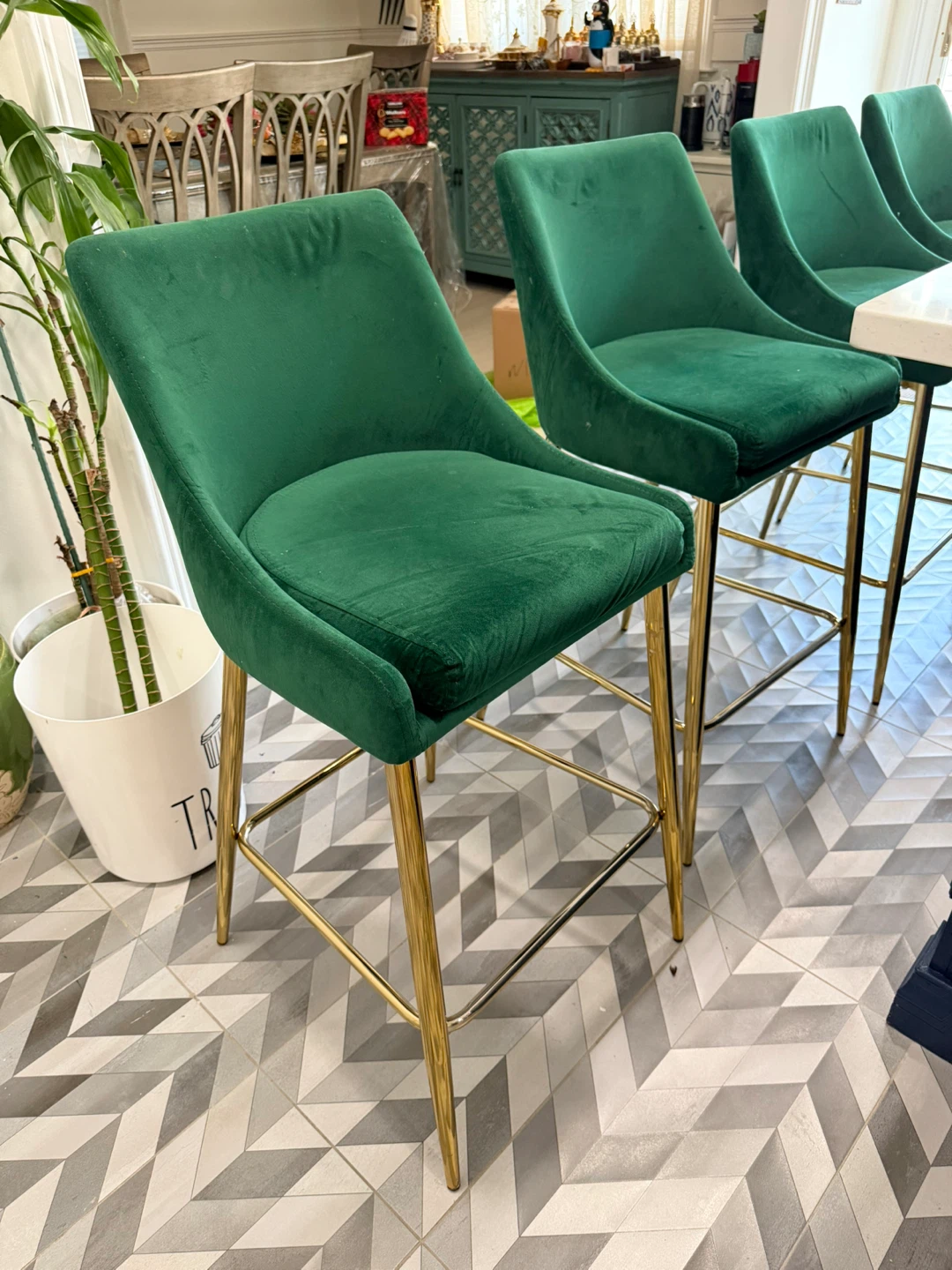 Emerald Green Velvet Bar Stools - Set of 4