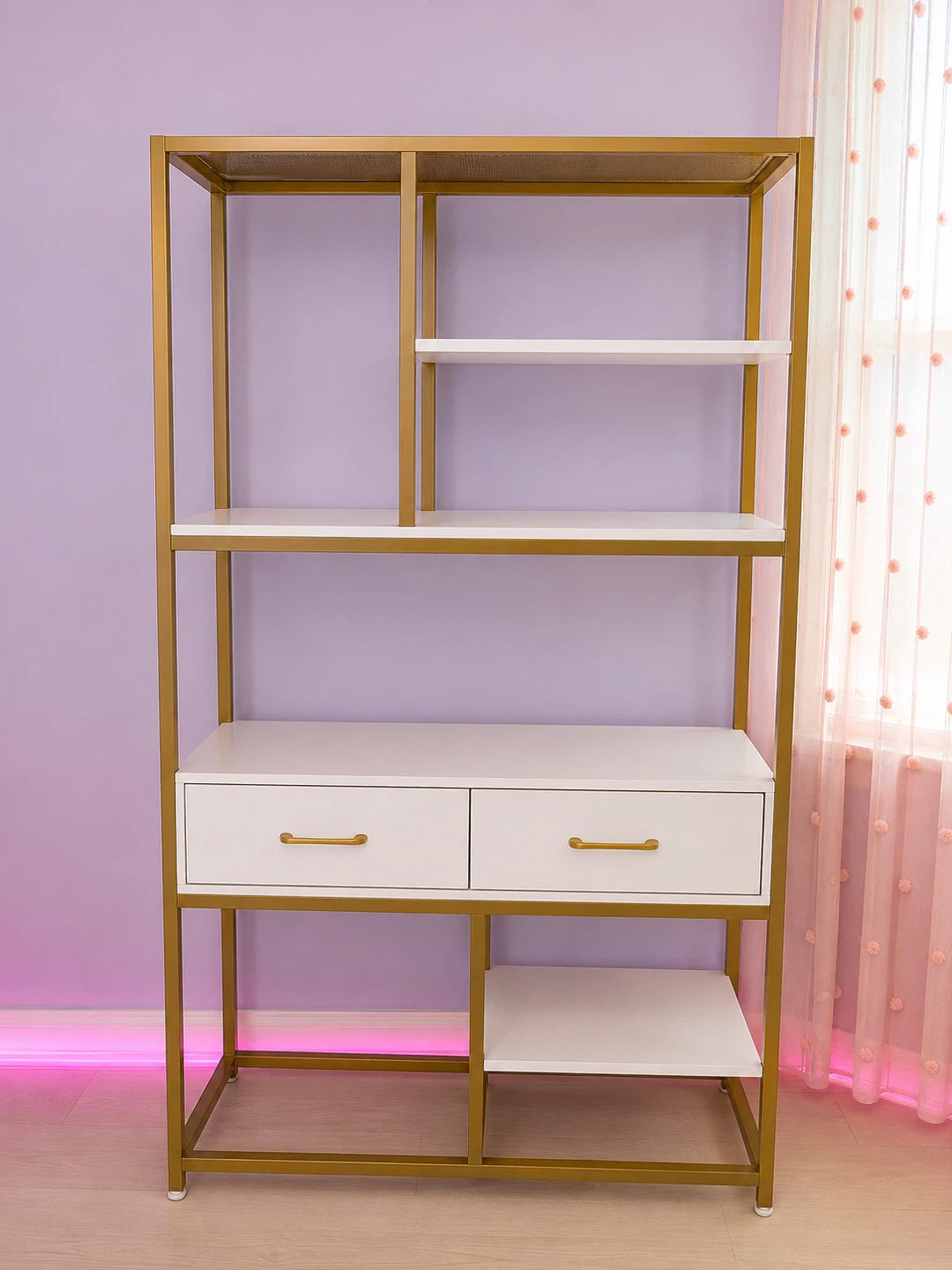 Gold and White Bookshelf with Drawers